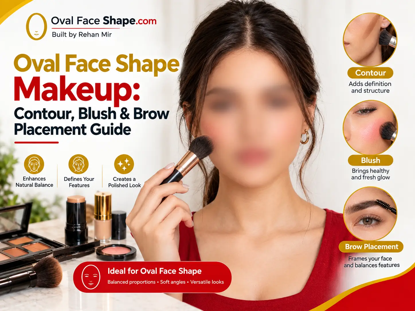 Oval Face Shape Makeup Contour, Blush & Brow Placement Guide